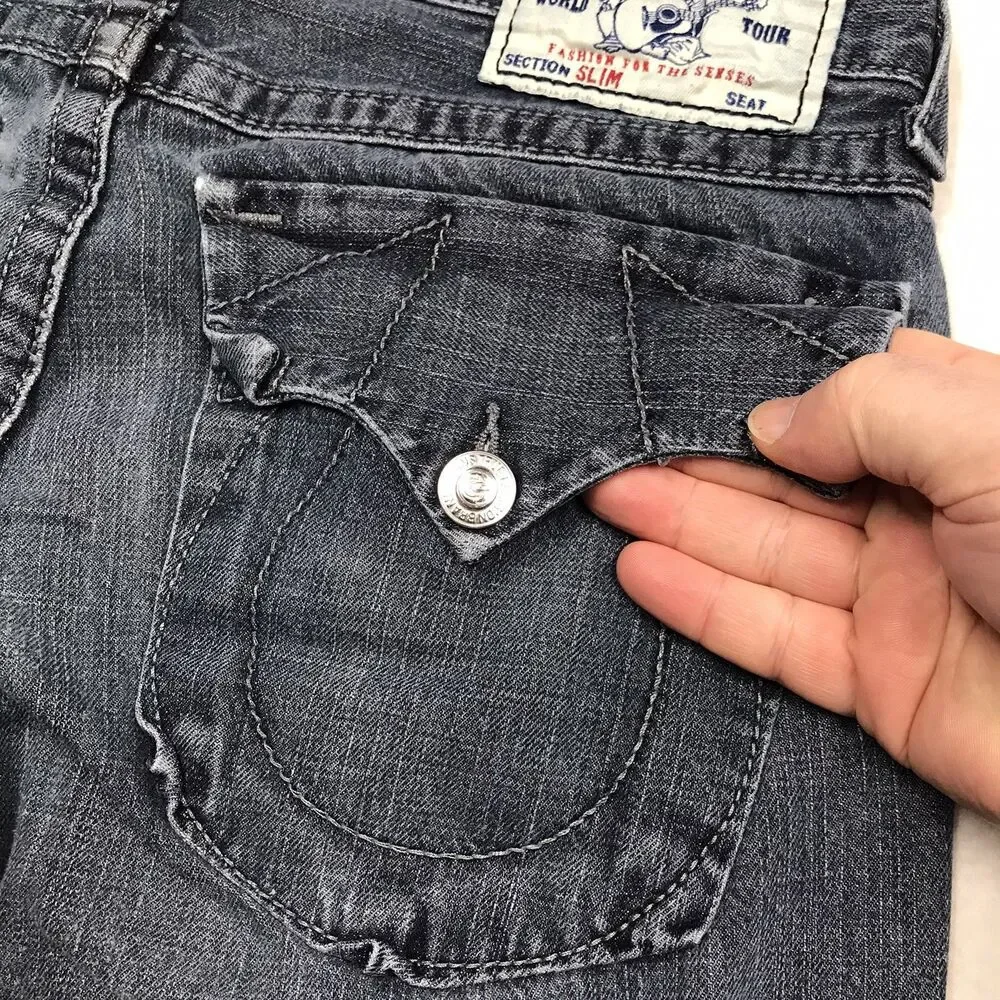 TRUE RELIGION Slim Fit Jeans Men 32x28 Dark Wash Flap Pocket USA Made